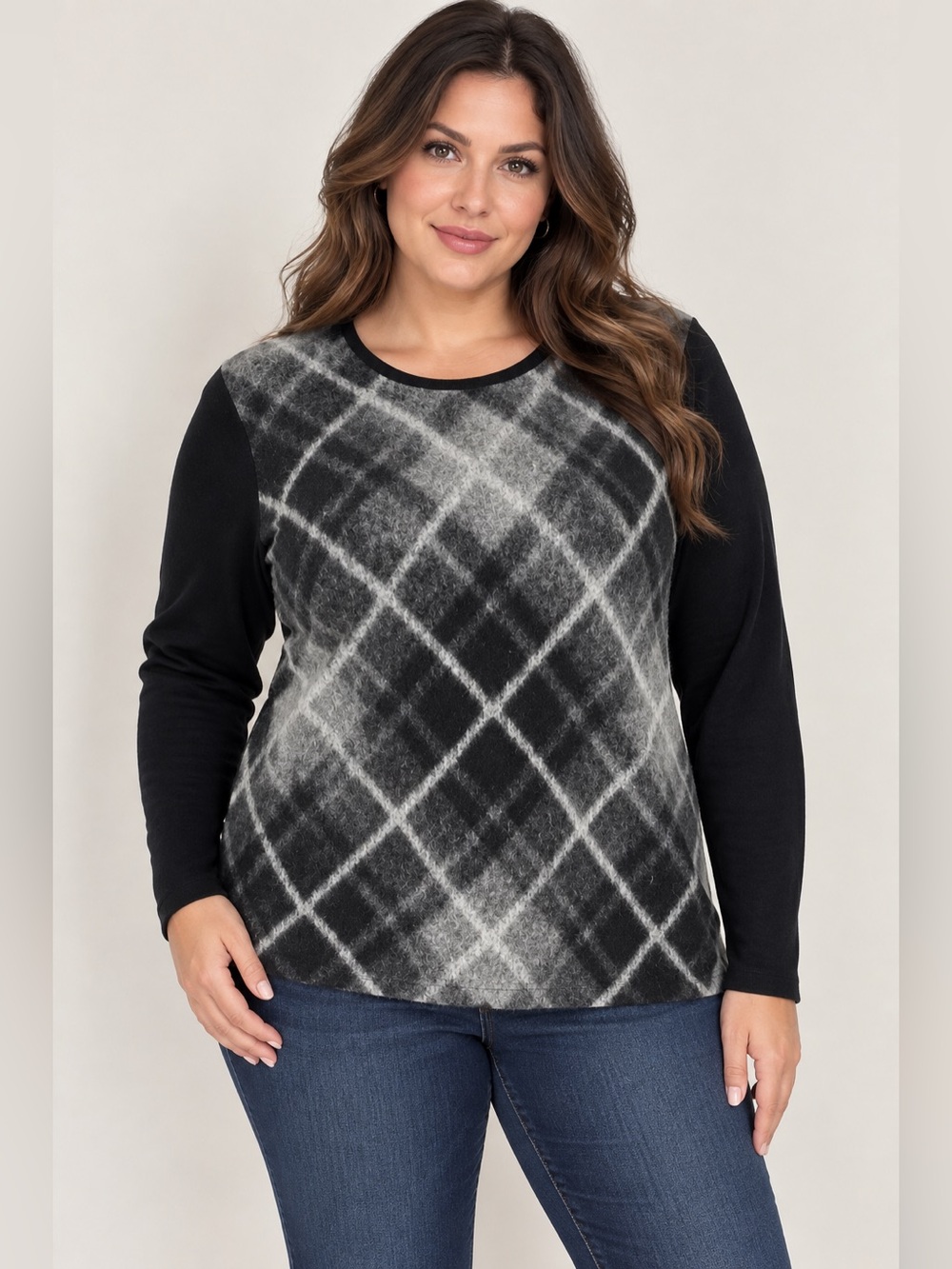 J. Jill Women's Black Gray Argyle Wool Blend Long Sleeve Sweater Top 2x